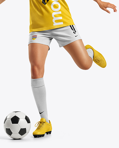 Woman Wearing Soccer Jersey and Shorts Mockup