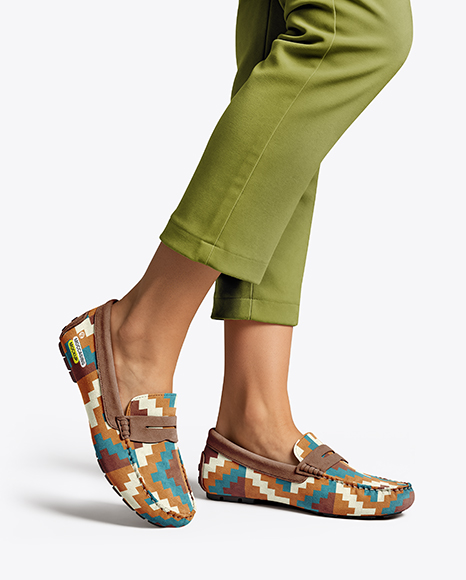 Pair of Suede Moccasins on Woman's Legs Mockup - Flared pants mockup