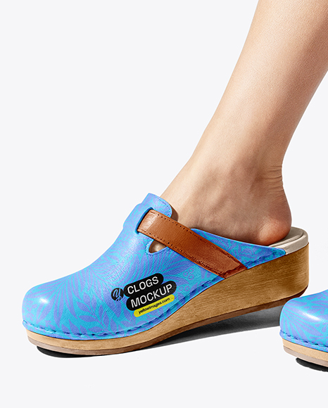 Pair of Clogs on Woman's Legs Sitting on Stool Mockup
