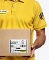 Delivery Man Wearing Polo Shirt and Baseball Cap Holding Box Mockup