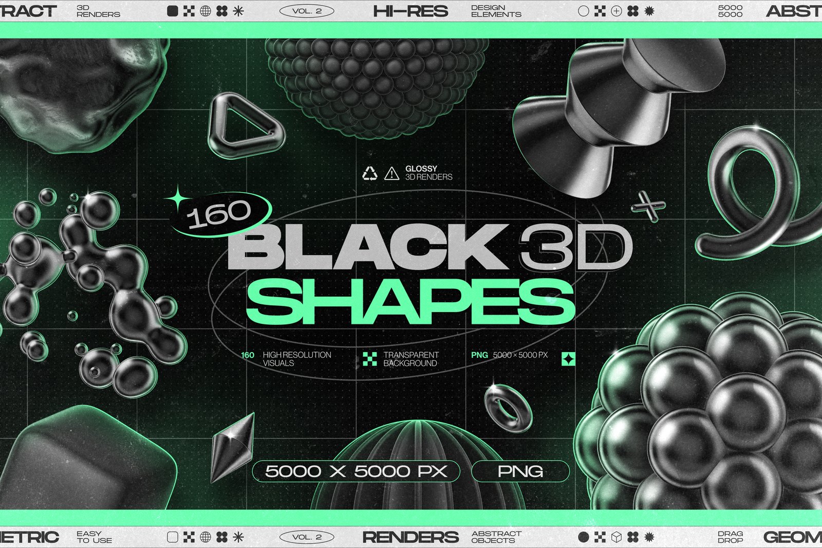 160 Glossy Black 3D Shapes Collection Vol.2