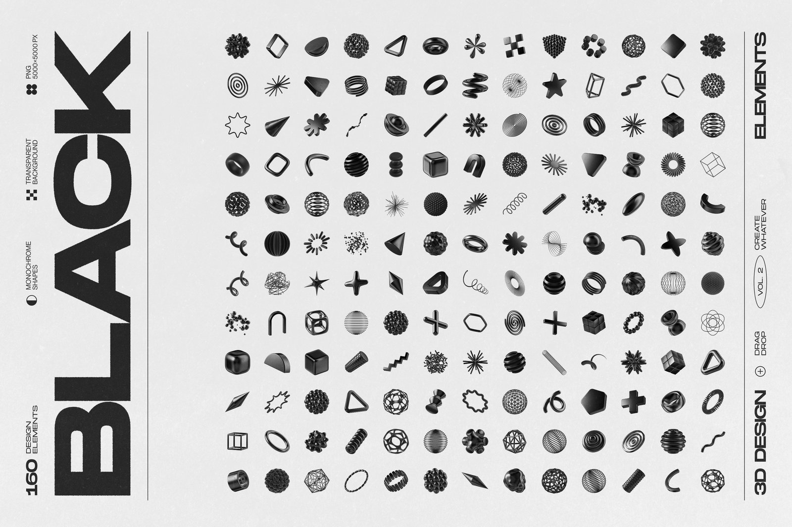 160 Glossy Black 3D Shapes Collection Vol.2