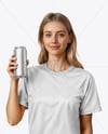 Woman Wearing a T-shirt Holding 16oz Drink Can Mockup