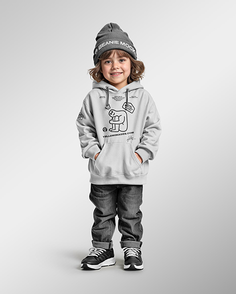 Boy Wearing a Hoodie and Beanie Hat Mockup