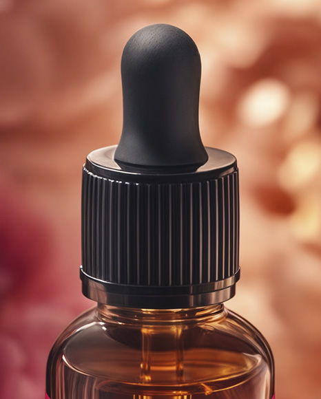 Amber Dropper Bottle with Oil Tincture Surrounded by Flowers Mockup