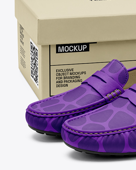 Pair of Women's Leather Moccasins with Shoe Box Mockup