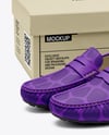 Pair of Women's Leather Moccasins with Shoe Box Mockup
