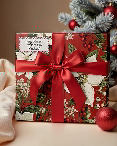 Square Gift Box wit Red Bow Mockup - Christmas mockup