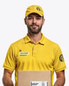 Delivery Man Wearing Polo Shirt and Baseball Cap Holding Box Mockup