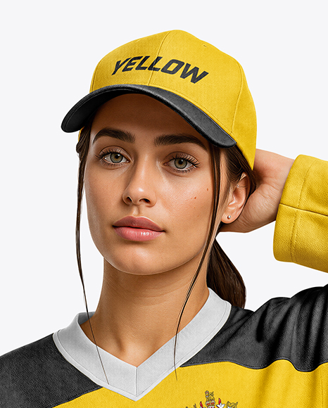 Woman Wearing Ice Hockey Jersey and Cap Mockup