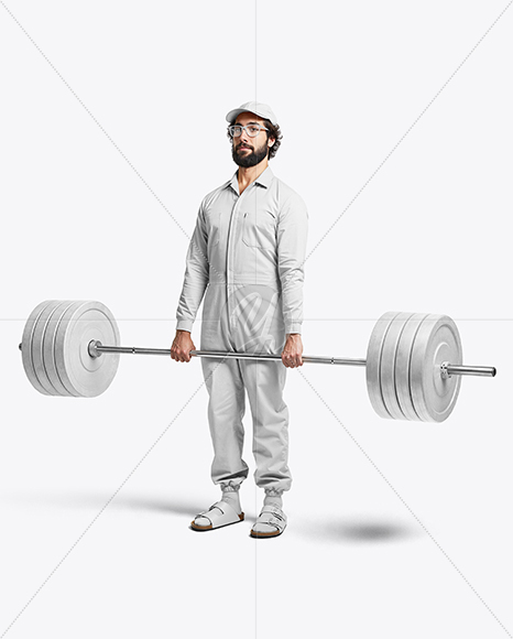Powerlifter Wearing Janitor Uniform and Cap with Barbell Mockup