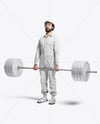 Powerlifter Wearing Janitor Uniform and Cap with Barbell Mockup
