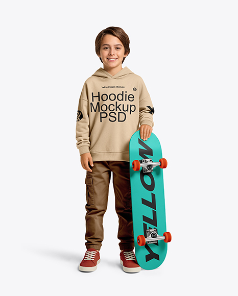 Boy Wearing Hoodie and Cargo Pants with Skateboard Mockup