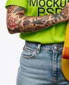 Woman Wearing T-shirt and Beanie Hat with Skateboard Mockup