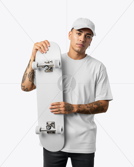 Young Man Wearing T-Shirt and Holding Skateboard Mockup