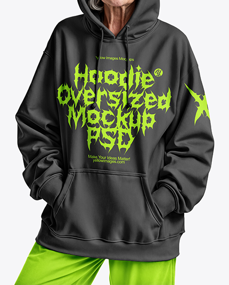 Smiling Old Woman Wearing Oversize Hoodie & Sweatpants Mockup