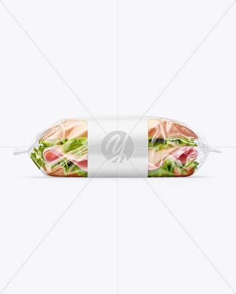 Clear Plastic Flow-Pack with Sandwich in Paper Sleeve Mockup