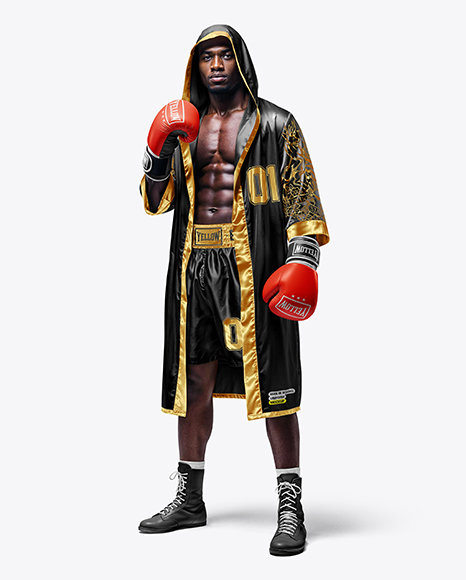 Black Man Wearing Boxing Kit with Robe and Shorts Mockup