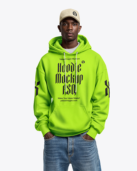 Black Man Wearing Hoodie and Baseball Cap Mockup - Black+3d+Logo+Mockup