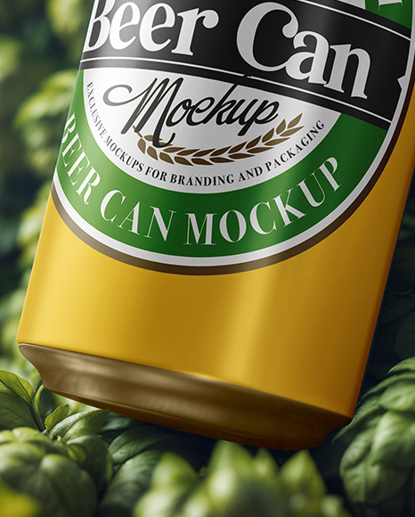 Beer Can on Fresh Hops Background Mockup