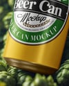 Beer Can on Fresh Hops Background Mockup