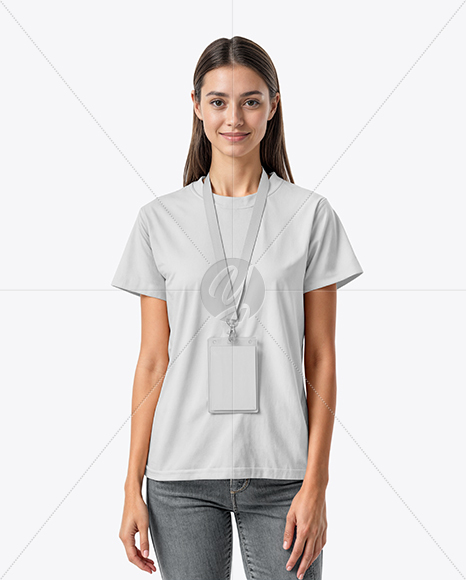 Young Woman Wearing T-shirt with ID Card Mockup