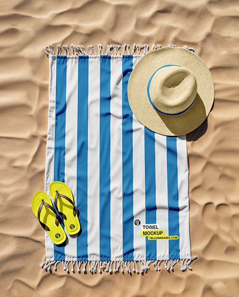 Beach Towel with Straw Hat and Flip-Flops Mockup - Fabric mockup
