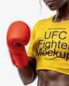 Black Female UFC Fighter Wearing T-Shirt & Shorts Mockup