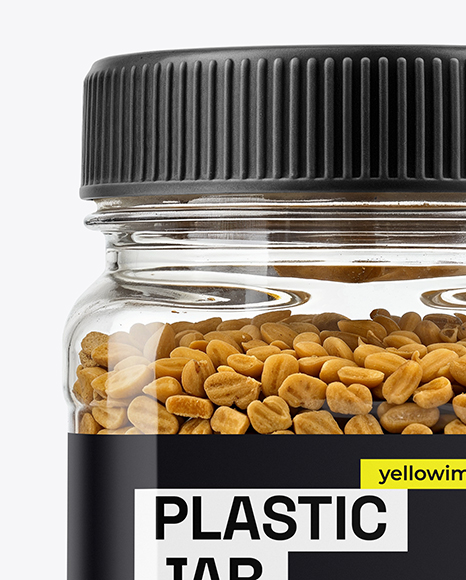 Clear Plastic Jar with Fenugreek Seeds Mockup