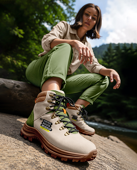 Woman Wearing Hiking Boots Mockup - Premium PSD Mockups