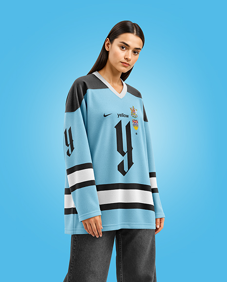 Woman Wearing Ice Hockey Jersey Mockup