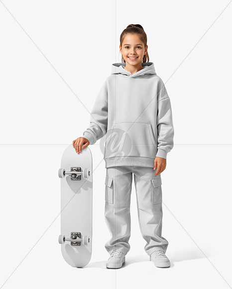 Girl Wearing Hoodie & Cargo Pants with Skateboard Mockup