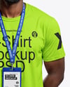 Smiling Black Man Wearing T-shirt with Badge Holder Mockup