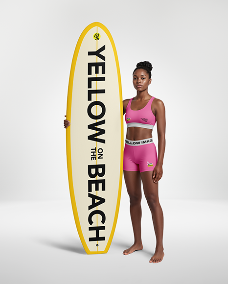 Woman Wearing Sports Bra and Shorts Holding Surfboard Mockup