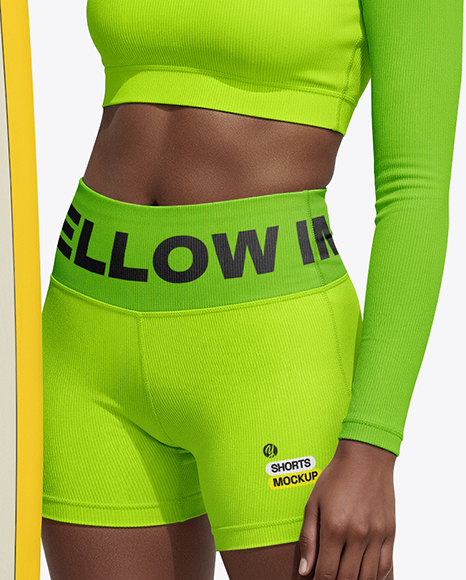 Woman Wearing Long Sleeve Rashguard and Shorts Holding Surfboard Mockup