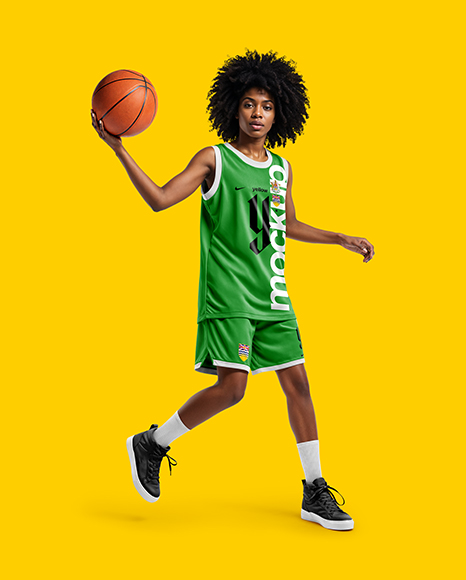 Female Basketball Player Wearing Jersey and Shorts Mockup