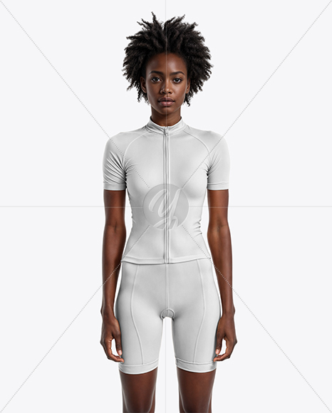 Black Woman Wearing Raglan Cycling Jersey and Bib Shorts Mockup
