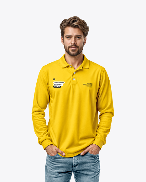 Man Wearing Long-Sleeve Polo Shirt and Jeans Mockup - Mens+Polo+Mockup+FrontView+Download+Mens+Polo+Mockup+...