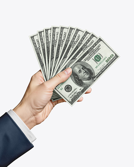 Ten Banknotes in a Hand Mockup - Premium PSD Mockups