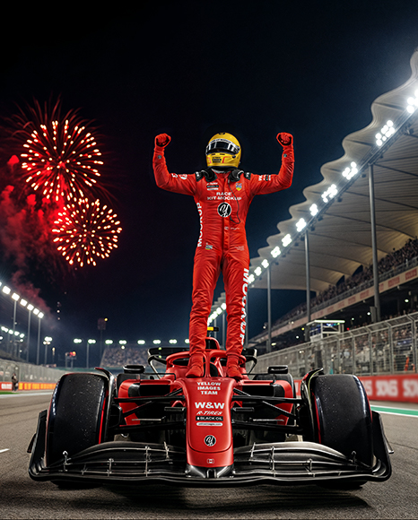 Man Wearing Racing Kit Stands on Racing Car Mockup - Kit mockup psd
