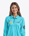 Woman Wearing Long Sleeve Polo Shirt and Jeans Mockup