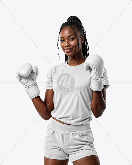 Black Female UFC Fighter Wearing T-Shirt & Shorts Mockup