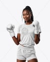 Black Female UFC Fighter Wearing T-Shirt & Shorts Mockup