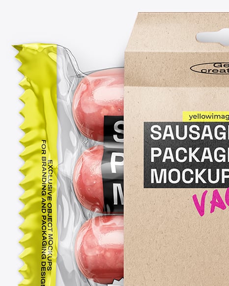 Clear Plastic Flow-Pack with Sausages in Kraft Paper Holder Mockup