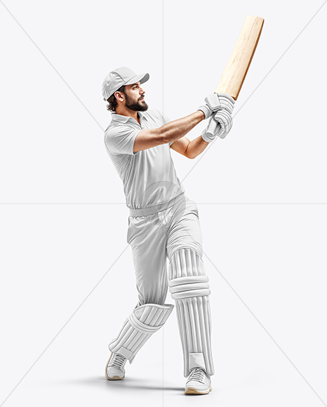 Man Wearing Full Cricket Kit with Bat Mockup