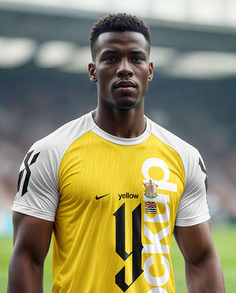 Soccer Player Wearing a Crew Neck Jersey and Shorts at the Stadium Mockup