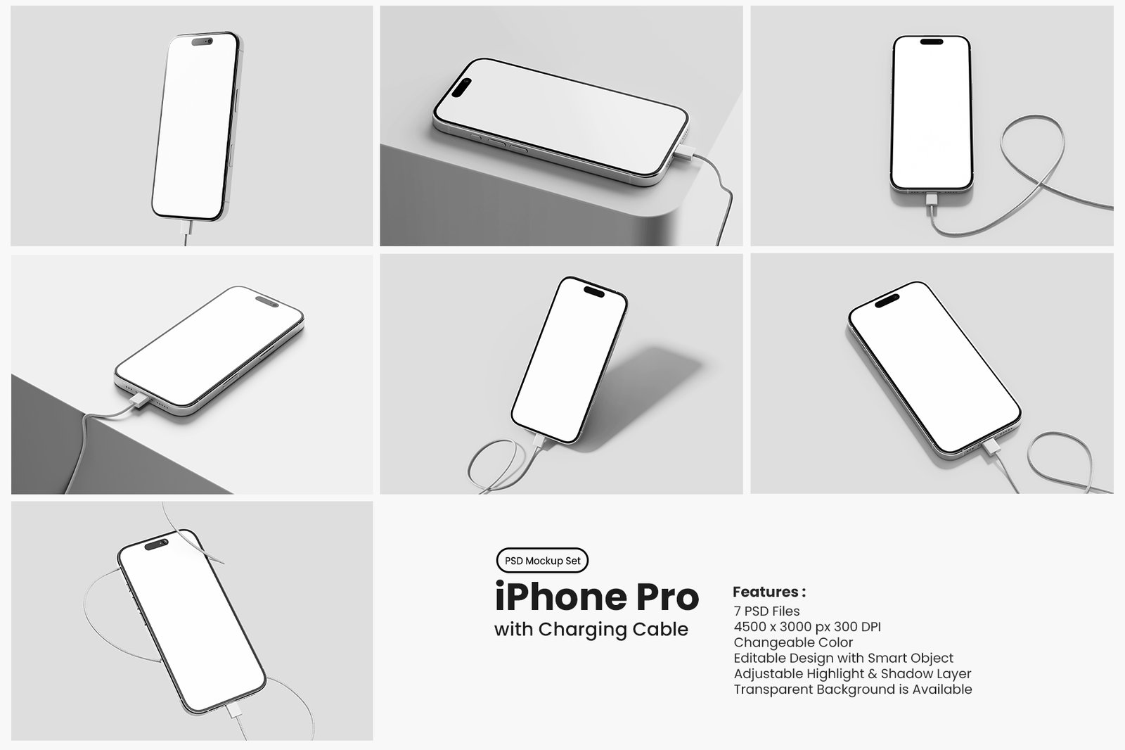 iPhone Pro with Charging Cable Mockup Set