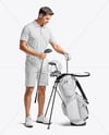 Man Wearing Golf Shirt and Shorts with Bag Mockup