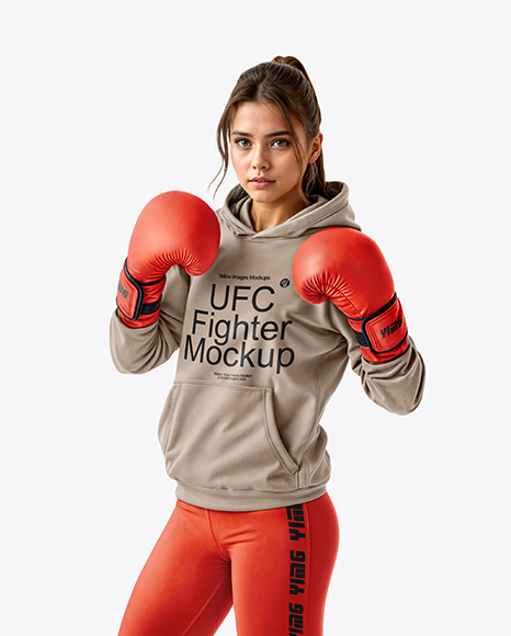 Female UFC Fighter Wearing Hoodie & Leggings Mockup - Crop top hoodie mockup