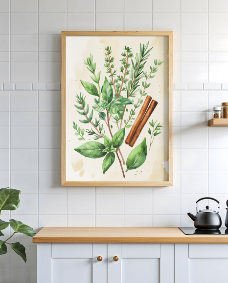 Poster with a Wooden Frame in a Kitchen Mockup